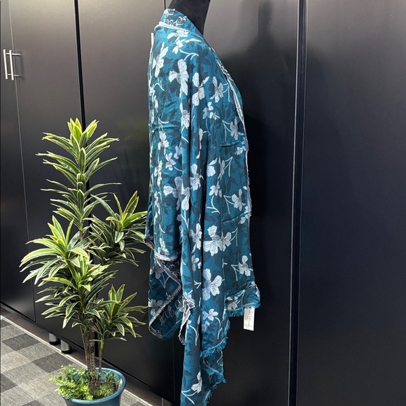 Ann Taylor Wrap/scarf, fringe trim, oversized,Dark Aqua/blue/gray - Picture 7 of 8